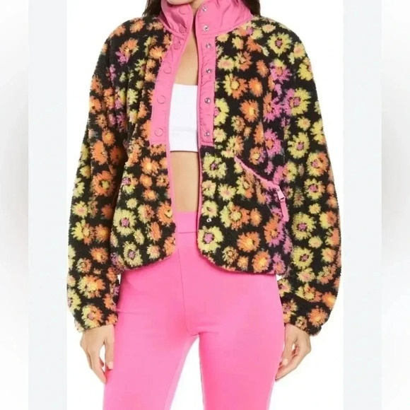 Free People Movement Rocky Ridge Pink Daisy Floral Sherpa Jacket Size Large - Picture 6 of 12